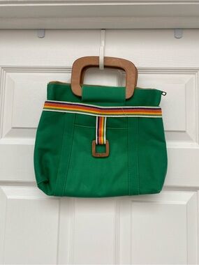 Vintage Charisma Green Canvas Tote w Wooden Handles & Rainbow Trim & Zip Top